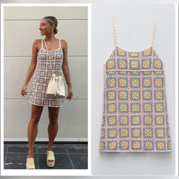 Zara Dresses Zara Multicolored Crochet Mini Dress Size M Fashion